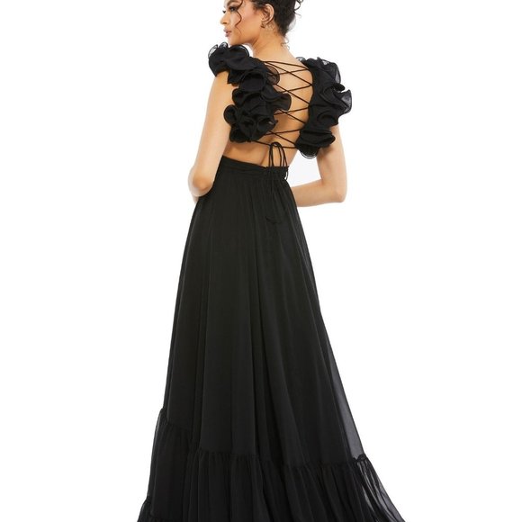 NEW Mac Duggal 67911 Ruffle Tiered Cut-Out Chiffon Gown Black SZ 10 - Picture 6 of 7